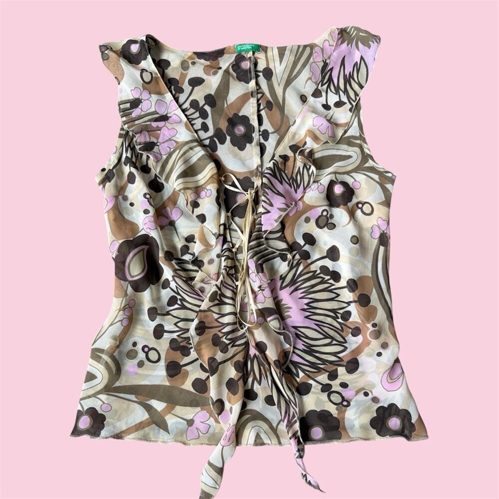 United Colors of Benetton brown and pink floral tie front blouse with ruffles